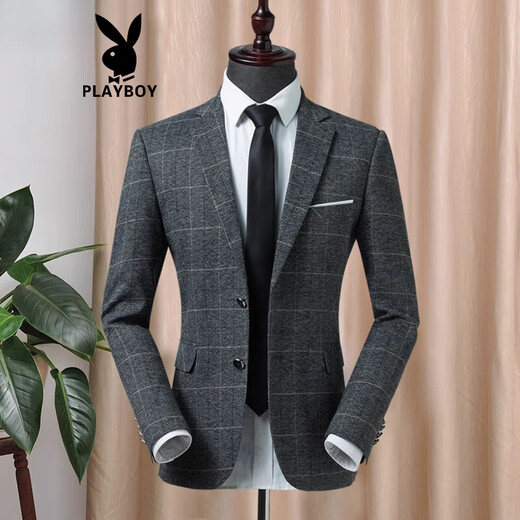 花花公子（PLAYBOY）春夏季新款时尚修身休闲西装男士英伦复古格子西服外套男单西上衣 9926款001格子 S 165