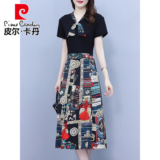 皮尔卡丹（pierre cardin）雪纺连衣裙子女士装夏季2025年新款假两件冰丝洋气过膝漂亮中长裙 6626黑色 2XL 建议110-120斤