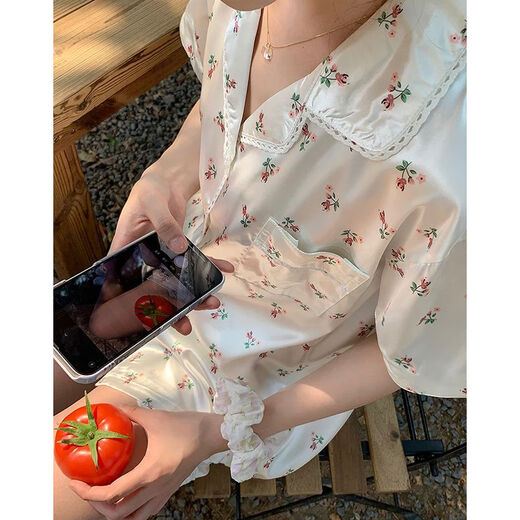 欧伦黛ins新款碎花冰丝睡衣女夏季薄款小清新休闲少女家居服套装可外穿 套YFY9905【丝滑凉感型】 M 【建议80-100斤】