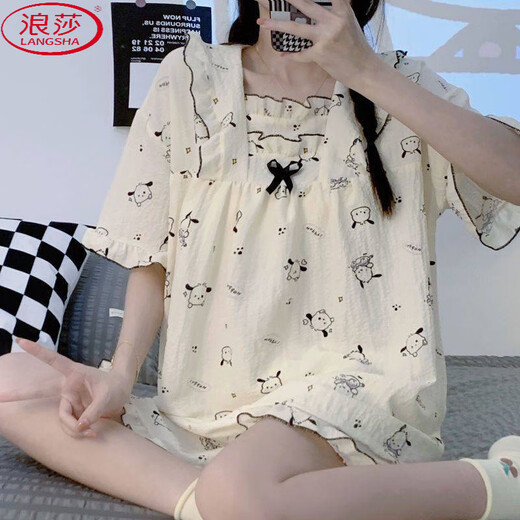 浪莎（LangSha）日系睡衣女夏季短袖含棉纱布两件套ins公主风可爱清新休闲家居服 XB_844#粉爱心 M 【75-95斤】