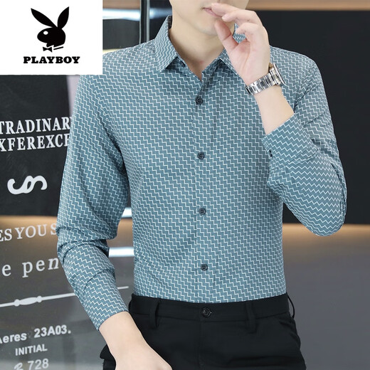 Playboy (Playboy) 2025 Spring and Automn Floral Shirt Men's Mend Business Business Casual Long Man à manches longues Veste de haut produit pour hommes JT Plus. Fleece 6169 vert clair M 90-110Jin [Jin est égal à 0,5 kg] / 165 cm