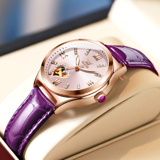 OLEVS Mecánico reloj Hueco Hueco Mujer Mecánica Mecánica Mecánica Impermeable Wating Women's Women's Women Diamond-Set Regalo navideño Regalo de regalo [Caja de regalo que mueve el corazón] B6636SK Purple Leather Rose Shell de 33 mm Diámetro de marcado: