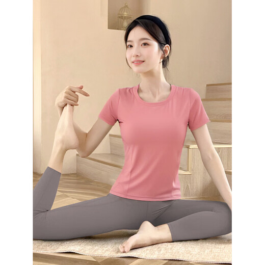 Shuangxiu yoga wear T-shirt for women 2025 new large size belly-covering short-sleeved Pilates training sports suit fitness top withered rose pink top_with chest pad L_110-120Jin Jin equals 0.5 kg