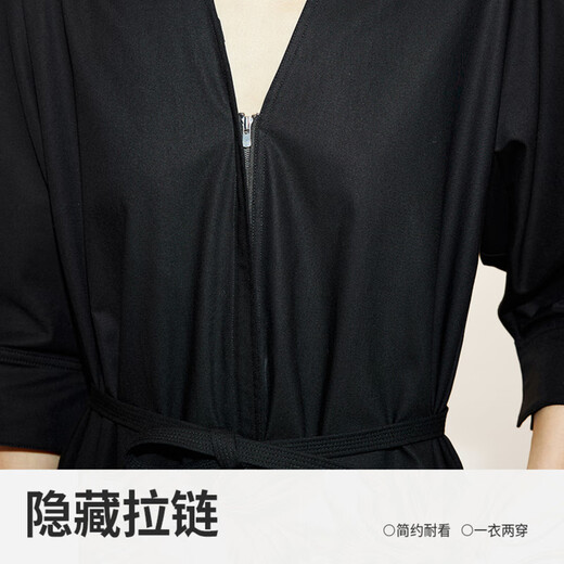 LESS spring cotton skirt for women casual temperament V-neck waist short-sleeved dress 2N3G14110 001/Black L