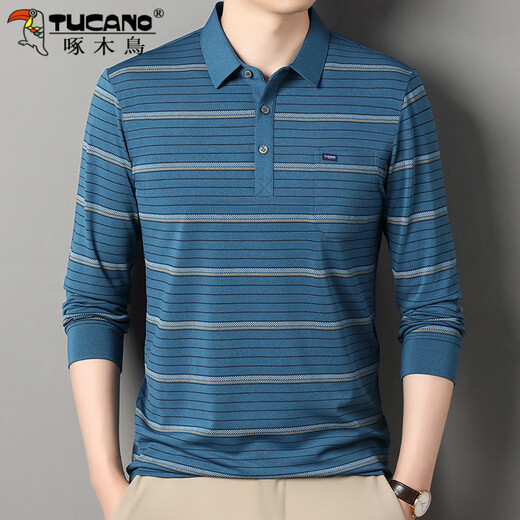 
Woodpecker striped long-sleeved T-shirt for men in spring and autumn new casual middle-aged and elderly daddy lapel pocket base middle-aged top SY-CX-6627 green thin XL 175/135-155Jin[Jin equals 0.5 kg]