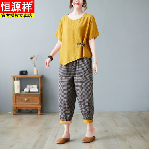 恒源祥时尚棉麻阔腿裤套装女2025夏季新中式盘扣不规则洋气上衣两件套女 黑衣小格裤 M (90-120斤)