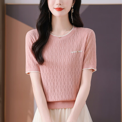 Gemila Thin Ice Seide Kurzärärmelte T-Shirt für Frauen junger Mutter Sommer Hollow 2025 Neues Bauch-Mesh-Top Beige (9201 Modell) S 100jin [Jin entspricht 0,5 kg]