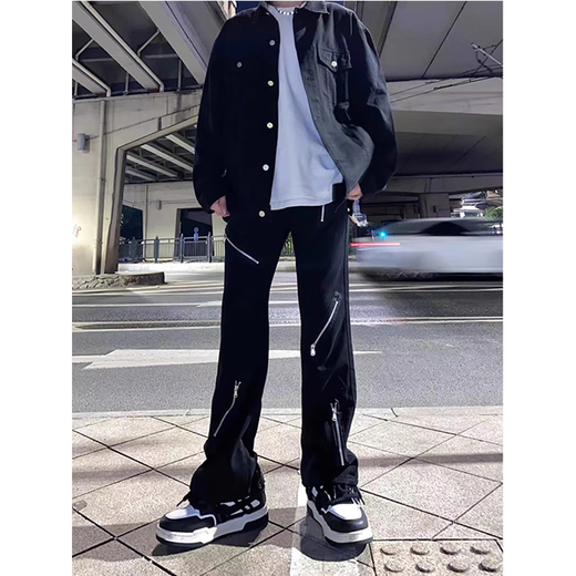 Digada American high street jeans men's spring and summer trend new niche zipper trendy micro-tender casual long trousers DDD-653 black XL