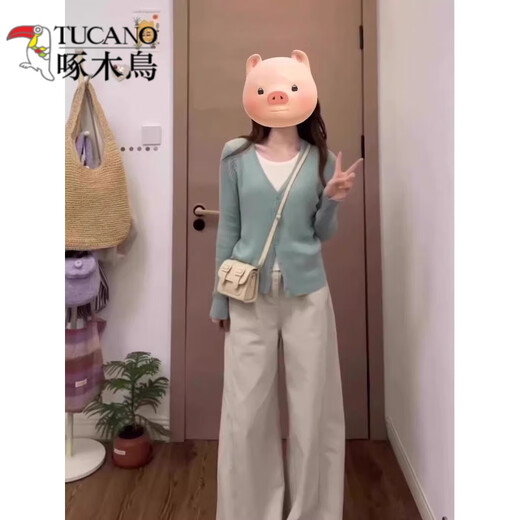 啄木鸟（TUCANO）早春绿色假两件针织衫上衣开衫女2025新款慵懒高级感撞色软糯毛衣 绿色 假两件 S 建议80-95斤