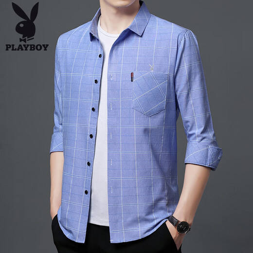 花花公子（PLAYBOY）纯棉长袖衬衫男2025春秋真口袋中年男装格子宽松大码衬衣 6626绿色【春秋】 薄款 M 165建议100-115斤