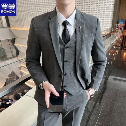 罗蒙（ROMON）格子西服套装男新郎结婚西装三件套伴郎礼服修身韩版休闲正装外套 深灰【西服+马甲+裤子+衬衫】+领 L （108~120斤）