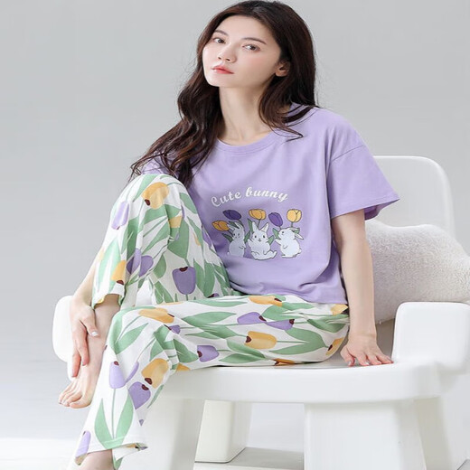 锦人初睡衣女款夏季纯棉短袖长裤卡通甜美少女夏感家居服套装 Z9711 均码 M码[建议80-100斤穿]