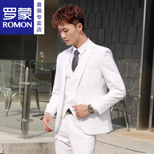 ROMON men's suit, casual white small suit, Korean style men's jacket, handsome, slim and trendy new product, two-button white suit + trousers 160/XS