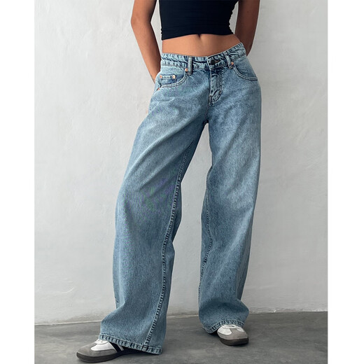 
SAKENMAO American retro low waist non-elastic wash straight jeans for women in autumn street wide-leg denim women's pants 12176 Academy Blue L