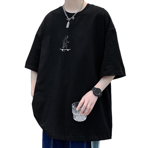 叮噜鱼宽松男士短袖重磅T恤男夏季港风上衣服凉感透气青少年五分半袖男t 3899灰色 L (约140-160斤可穿)