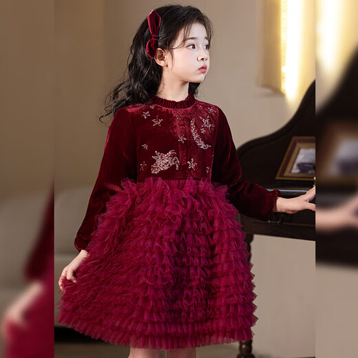 Girls Princess Dress Spring and Autumn 2025 New Spring Dress Girls Style Puffy Skirt Fashionable Children's Dress Spring 325 Burgundy Single Liner Free Pearl Headband 120 Recommended 33-40Jin Jin is equal to 0.5 kg