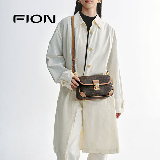 菲安妮（FION）经典老花锁扣小方包女包2025法棍包单肩斜挎包生日礼物
