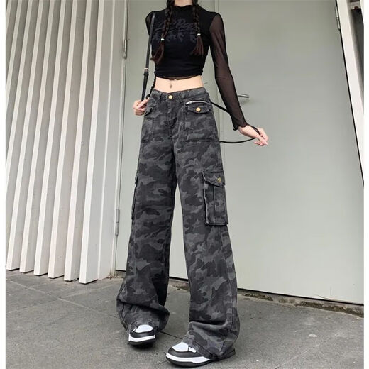 延芮美式高街工装牛仔裤女2025夏季新款显瘦迷彩宽松阔腿直筒拖地 迷彩色 BTN6623 S 【80-95斤】