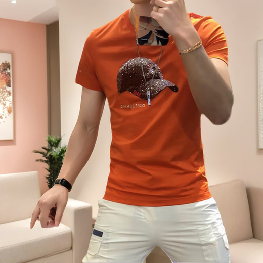 
GIOCP Hong Kong trendy brand summer new mercerized cotton hat ironing diamond short sleeve internet celebrity personality trendy slim half-sleeved T-shirt men orange 733 hat 4XL