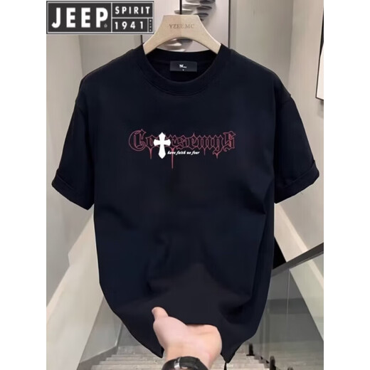 JEEP SPIRITJEEP PIRIT220克纯棉复古黑色上衣情侣装2025新款美式显百搭圆领 2024V695黑色2025 M
