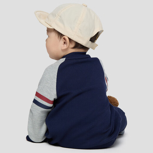 Gap Baby Spring Waffle Raglan Long Sleeve Contrast Color Jumpsuit Children's Romper 848402 Navy Blue 73cm (6-9 months) Asian size