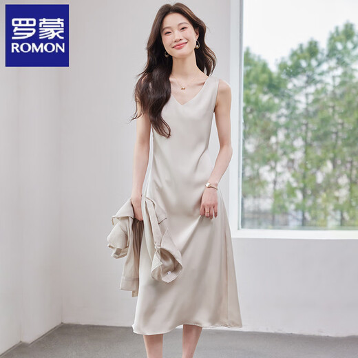 罗蒙（ROMON）高级感真丝吊带连衣裙女夏季醋酸缎面中长裙内搭丝绸无袖气质 Q9934杏色连衣裙 L