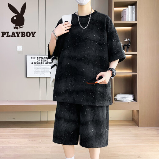 花花公子（PLAYBOY）夏季薄款酷帅套装男2025年新款帅气穿搭一套短裤短袖t恤休闲运动 T6630米白套装 4XL 175-190斤