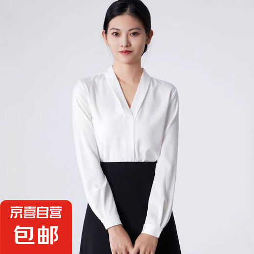 Camisa blanca de cuello en V para mujeres de manga larga y otoño nuevo traje profesional de alta gama de alta gama de la entrevista de clasificación de enseñanza Camisa de cercanías 675 Camisa de cuello en V blanco [satén de alta calidad] L Recomendado [111-120Jin [Jin equivale a 0.5 kg]]