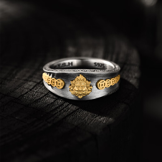 Mingyang Decoration Sea 925 sterling silver 3D yellow God of Wealth ring men's high-end retro original design national trend index finger ring US size 11# (suitable for Hong Kong sizes 25-26)