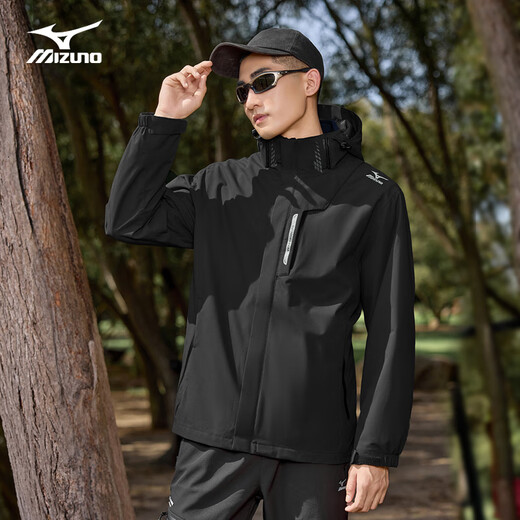 Mizuno Outdoor Jacket Men's Jacket Top Hooded Windproof and Waterproof Three-in-One Mountaineering Suit Black XL