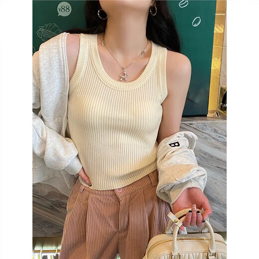 条纹背心女内搭2025新款遮副乳打底针织上衣夏外穿法式无袖小吊带 杏色条纹 均码 （80-130斤）