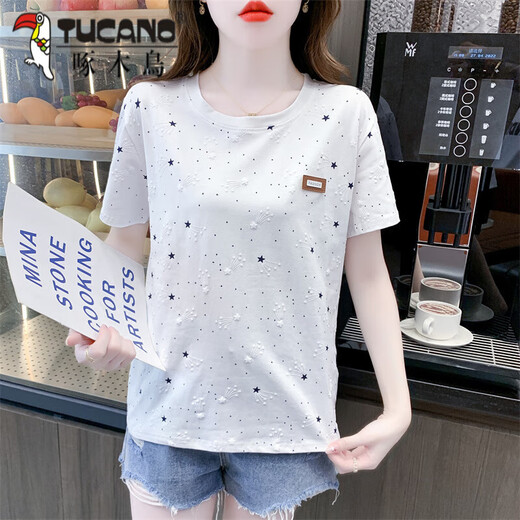 Holzspecker-Baumwoll-gedrucktes T-Shirt für Frauen im Sommer 2025 NEU LOOSSBEDEUTUNG DER BEDEUTUNG STANDILE T-Shirt Top Trend 1396# Blue Meteor XL ist für 120-134jin geeignet [Jin gleich 0,5 kg]