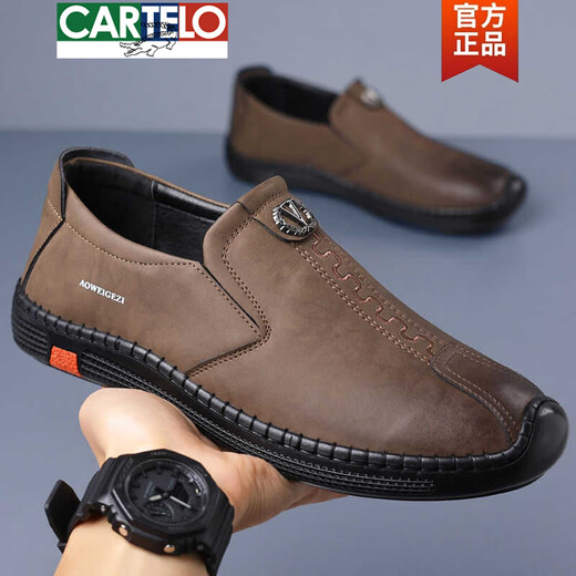 卡帝乐鳄鱼（CARTELO）皮鞋男2025新款商务休闲鞋秋透气男鞋软牛皮豆豆鞋真皮中年爸爸鞋 卡其色 6198 38