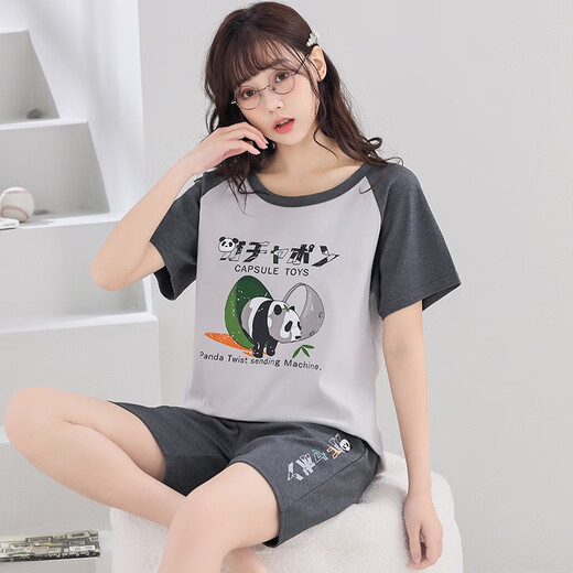 酷章（KUZHANG）大码睡衣女士200斤薄款纯棉夏天宽松套装孕妇短裤短袖空调家居服 q短1396浅绿狗女 M 70-90斤