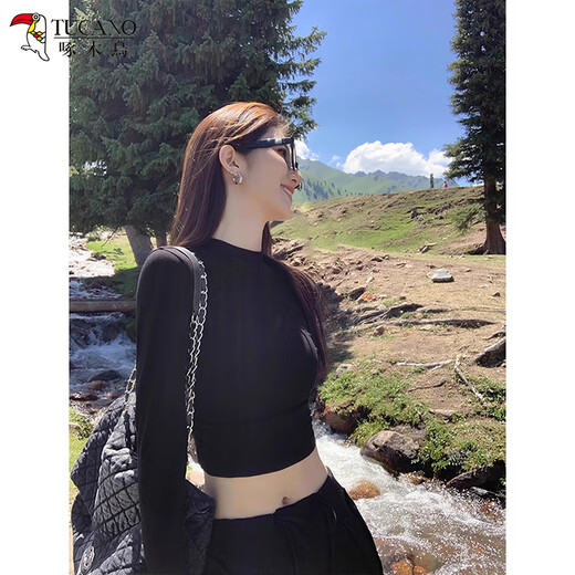 Woodpecker small high collar long-sleeved T-shirt for women autumn new navel-baring short slim fit cotton bottoming shirt top black 2XL