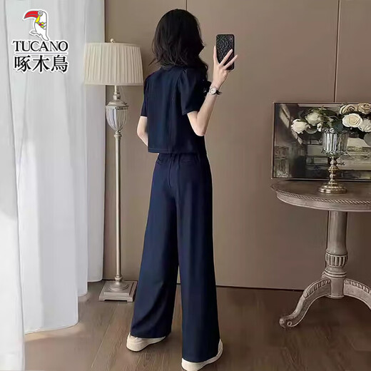 啄木鸟2025夏季穿搭一整套新款时尚休闲套装女显高显瘦高级感阔腿裤两件 深蓝色 两件套 M (100-110斤)
