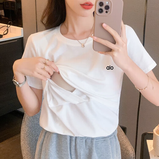 哺乳衣夏季纯棉短袖T恤辣妈舒适居家t恤月子期喂奶上衣孕妇打底衫 9272樱桃上掀哺乳口 M 85-105斤