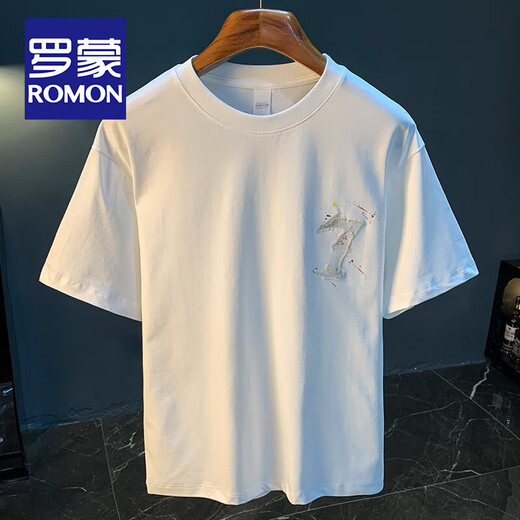 ROMON Summer New Short Sleeve T-Shirt Men's Trendy Embroidered Print Quick Dry Top Loose Thin Knitted T-Shirt Men White [HJ6630] XL Suitable for 135-145Jin [Jin equals 0.5 kg]