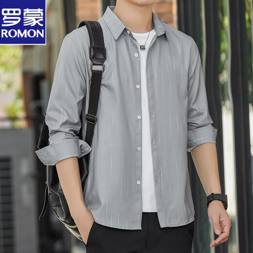 Lomon Summer Herren-Langarm-Hemd Ice Seide Kühl und dünner Sonnenschutz und atmungsaktives Außenteil Hemd lose und leichte Modemarke 6173 Grau M 90-110jin [Jin gleich 0,5 kg]