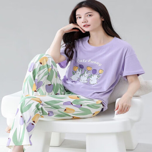 锦人初睡衣女款夏季纯棉短袖长裤卡通甜美少女夏感家居服套装 Z9711 均码 M码[建议80-100斤穿]
