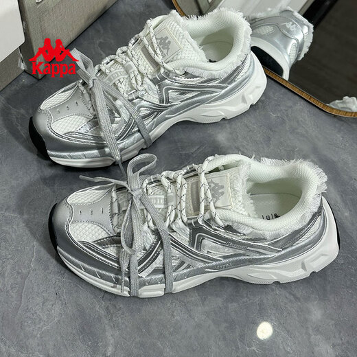 KAPPA卡帕女鞋运动鞋子2025夏季新款网面透气休闲鞋女款潮流绑带老爹鞋 银色/经典白【网面款】 38