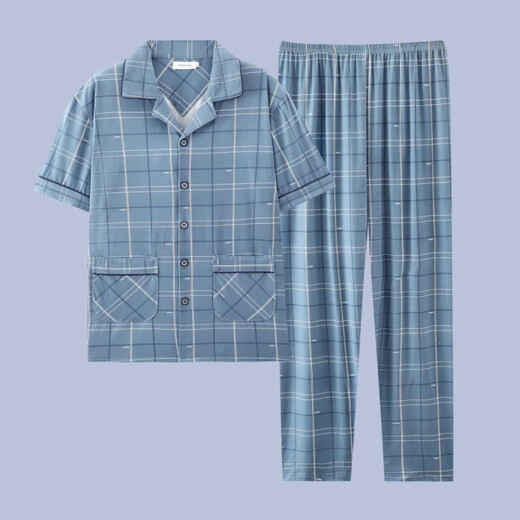 QLTQZQ Herren Pyjamas Herren kurzärmeliger Sommer Dünne Baumwolle Teenager Pyjamas Herren Plus Size Frühling und Sommerkleidung G3884 Blau (kurzärmelig) 175 l [Empfohlen 100-120 Jin [Jin gleich 0,5 kg]]