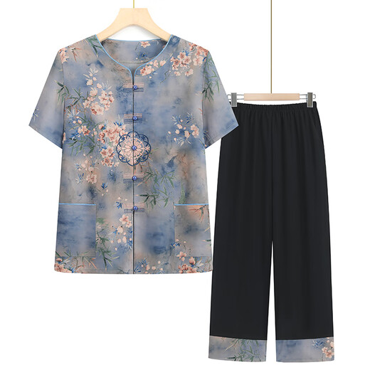 Jinggong Vêtements âgés Style grand-mère 70-80 ans Summer à manches courtes à manches courtes Mère Femelle Two Pieces 6626 Bleu (ensemble) 4xl [Recommandé 130-145 Jin [Jin est égal à 0,5 kg]]]