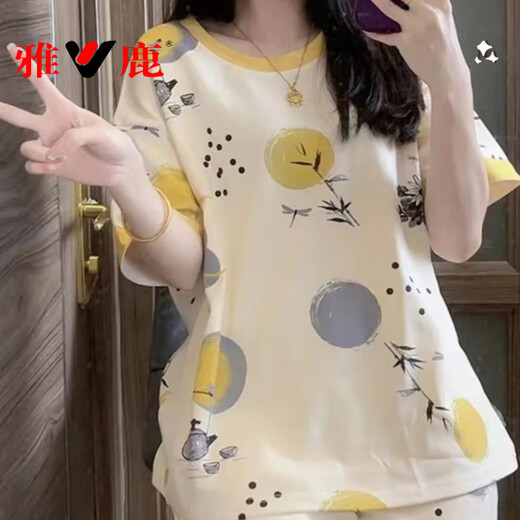 雅鹿睡衣女夏短袖纯棉2022新款韩版学生可爱家居服女春秋薄款大码套装 短袖套装--G6630 M 女--【80-100斤】