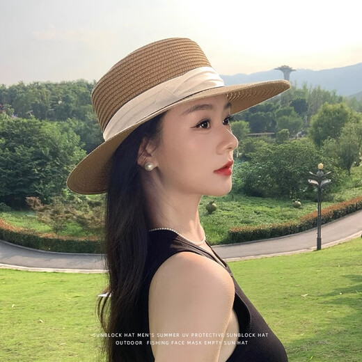 JIOESC法式平顶草帽女夏季新款大头围海边沙滩礼帽编织防晒太阳帽子夏季 卡其色法式平顶草帽【米带】