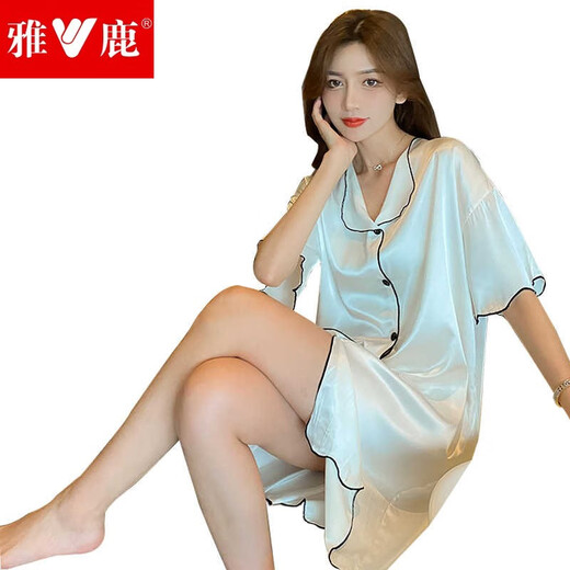雅鹿高档网红睡裙女夏季薄款冰丝短袖衬衫女士睡衣凉感仿真丝绸家居服 CWS-9901# L 【95-120斤】