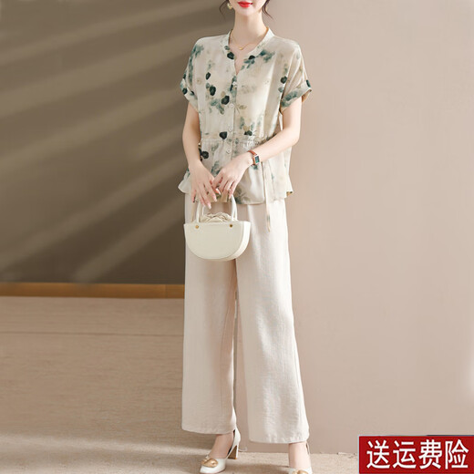 
Mom summer suit fashionable tops waist-hungry and make middle-aged and elderly women's summer short-sleeved shirt two-piece set 9435 light green suit XL _[Suggested 90-105Jin[Jin equals 0.5 kg]]