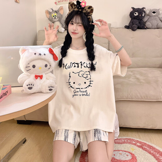 少年情话女士睡衣纯棉夏季短袖短裤卡通夏天少女学生大码可外穿家居服套装 Z9920 M 女75-95斤