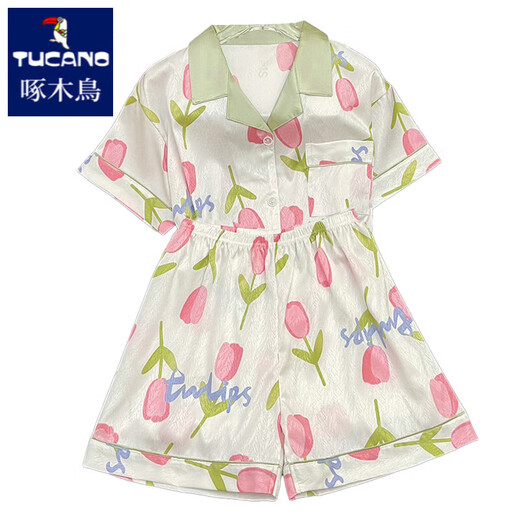 啄木鸟冰丝绸睡衣女夏天薄款短袖感郁金香夏季2025新款家居服套装 #YX-9226小黑喵 M 【75-95斤】
