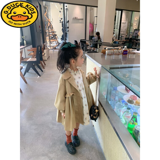 G.Duckkids Mädchenwindbreaker 2024 Frühling neuer Kinder modische mittlere Jacke mit mittlerer Länge Baby Korean Style Bow Top Khaki Spot 90 (Referenzalter 2-3 Jahre alt) (Kleiderlabel 90)
